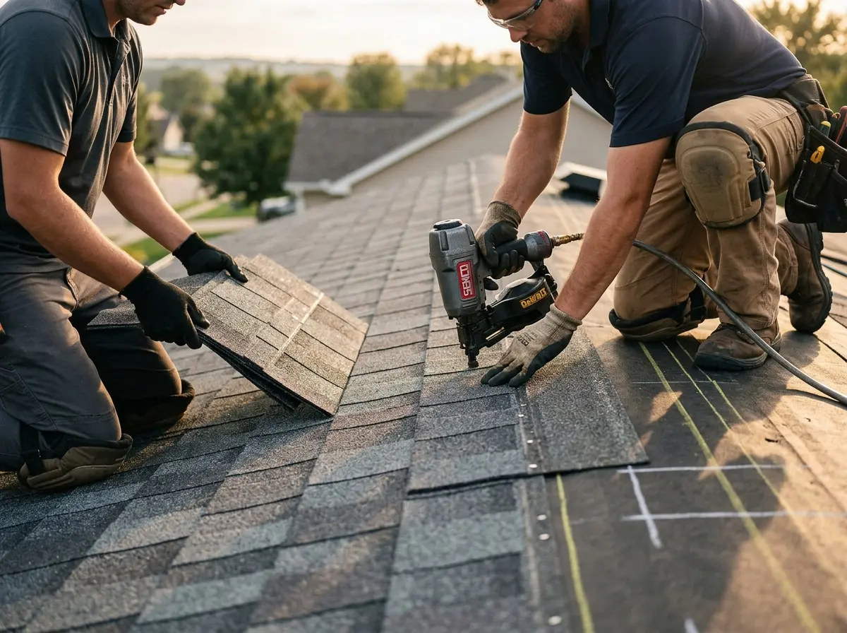 Professional roofer working on a residential roof in Stratmoor
